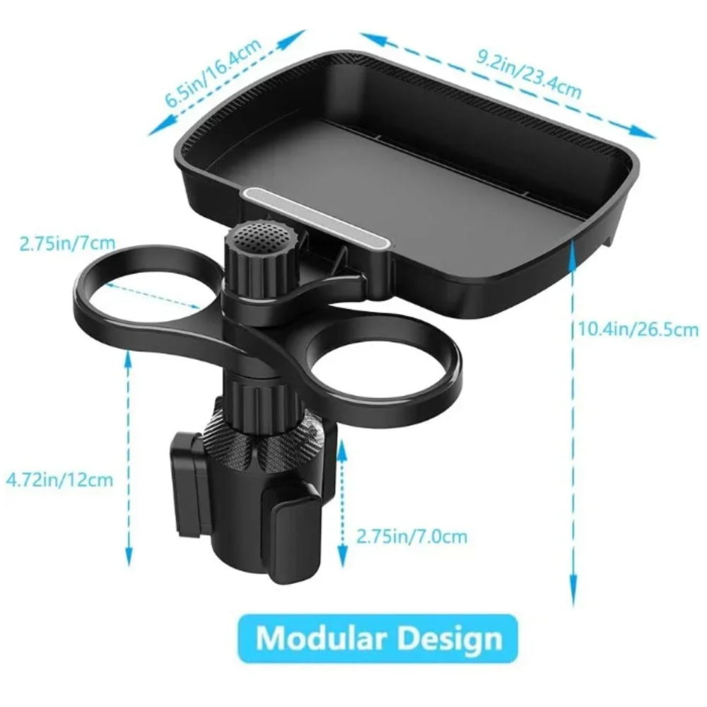 Rotating Dual Car Cup Holders with Snack Tray