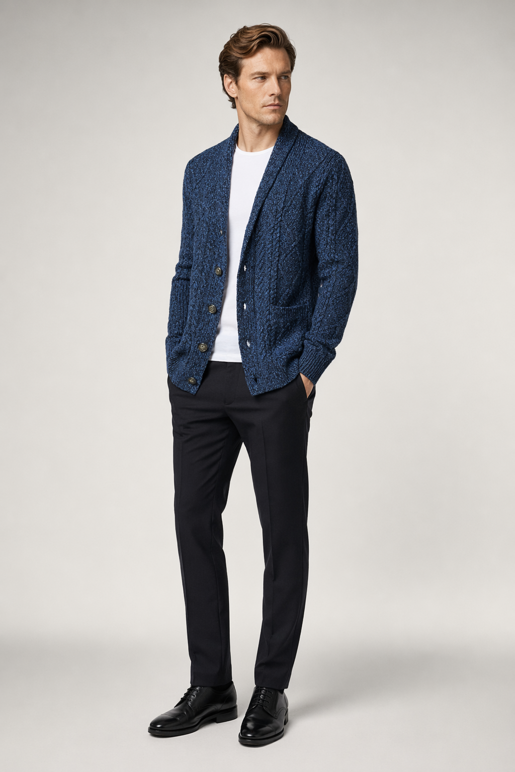 Shawl Collar Men's Cable Knit Cardigan Blue