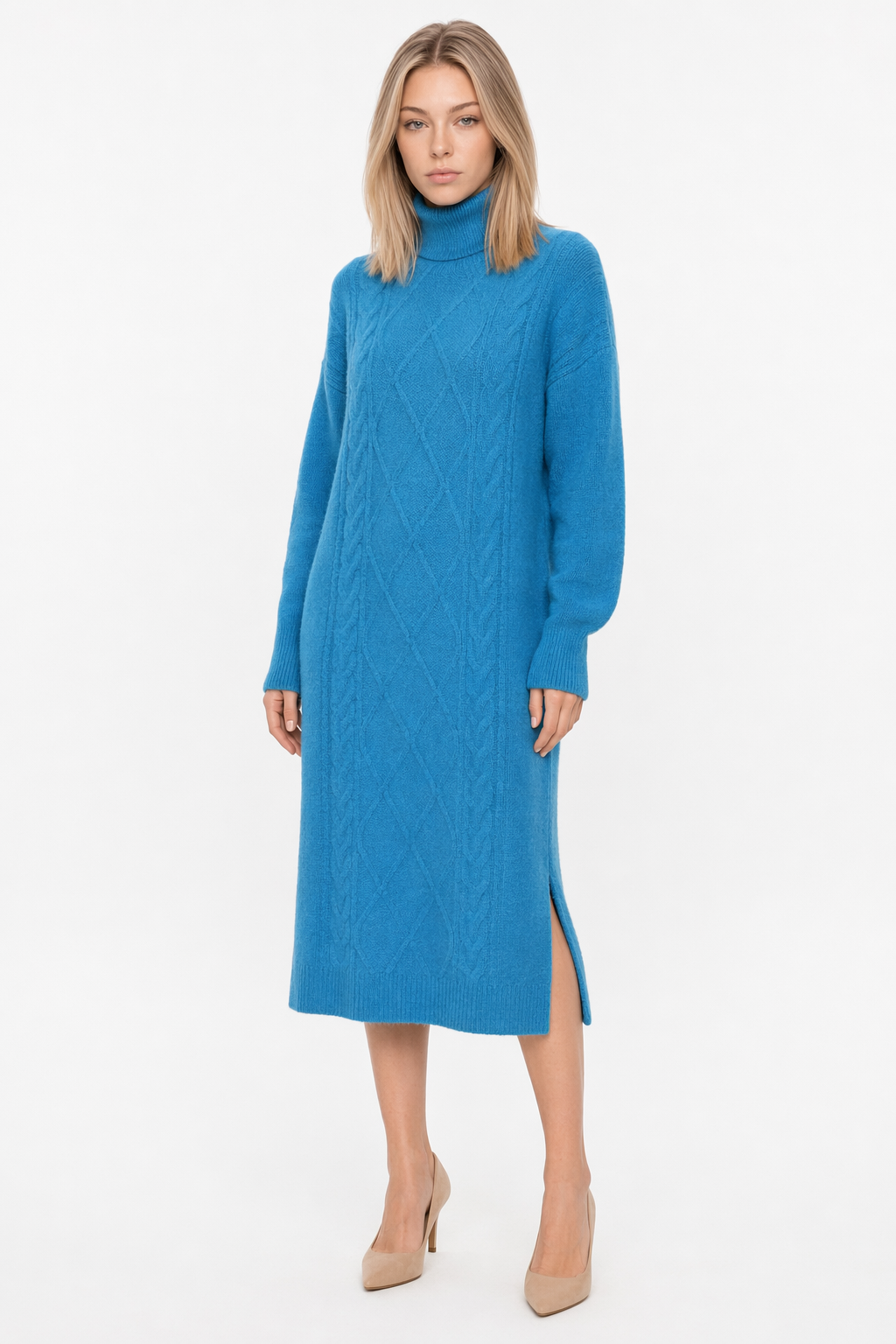 Long Cable Knit Dress for Women Blue