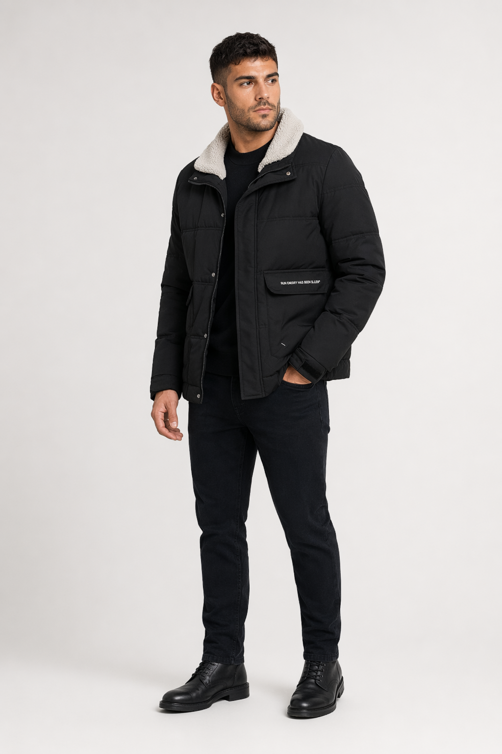 Faux Fur Collared Zip-Up Jacket for Men - Ensuring Warmth and Style Black