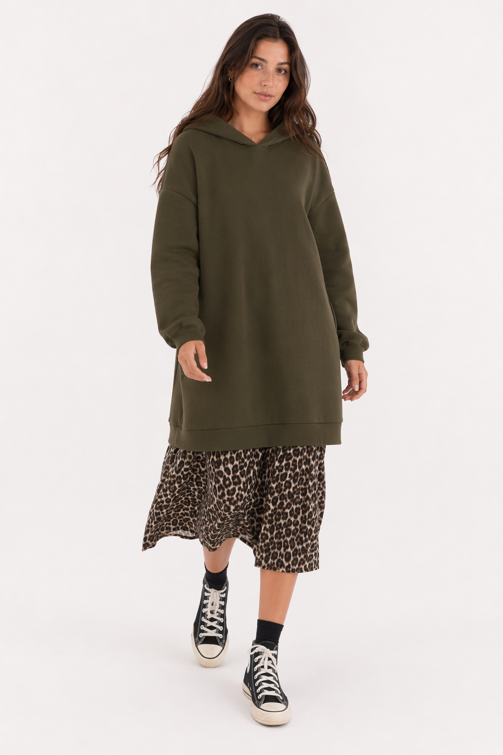 Leopard Print Dress Hoodie for Women with Layered Appearance Army Green