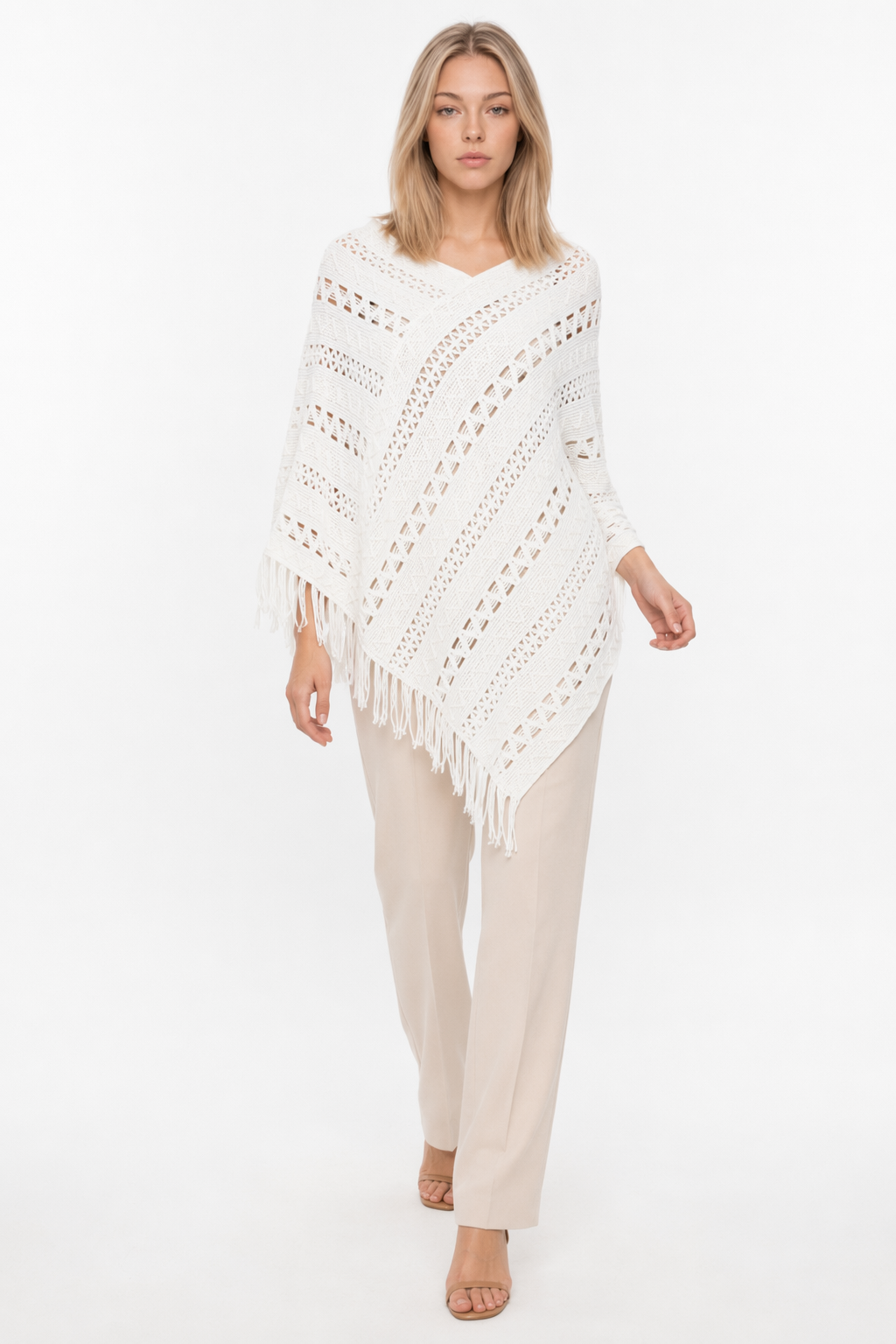 Knit Fringed Poncho for Women White