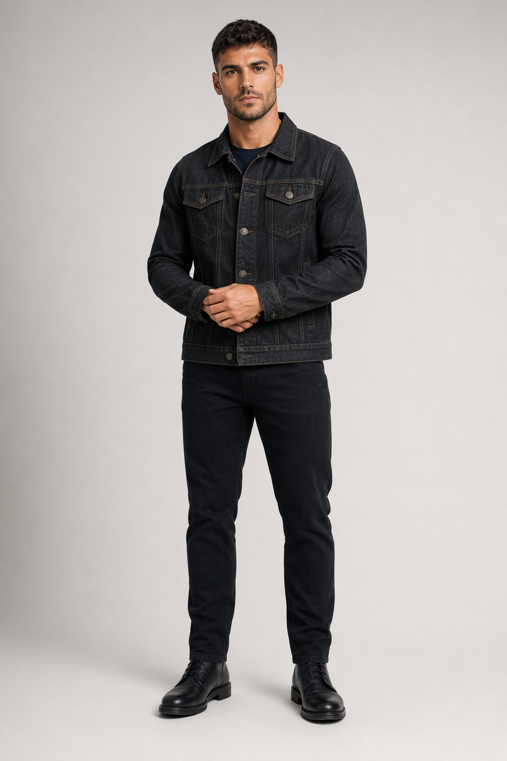 Classic Denim Jacket with Dual Pockets for Men Black