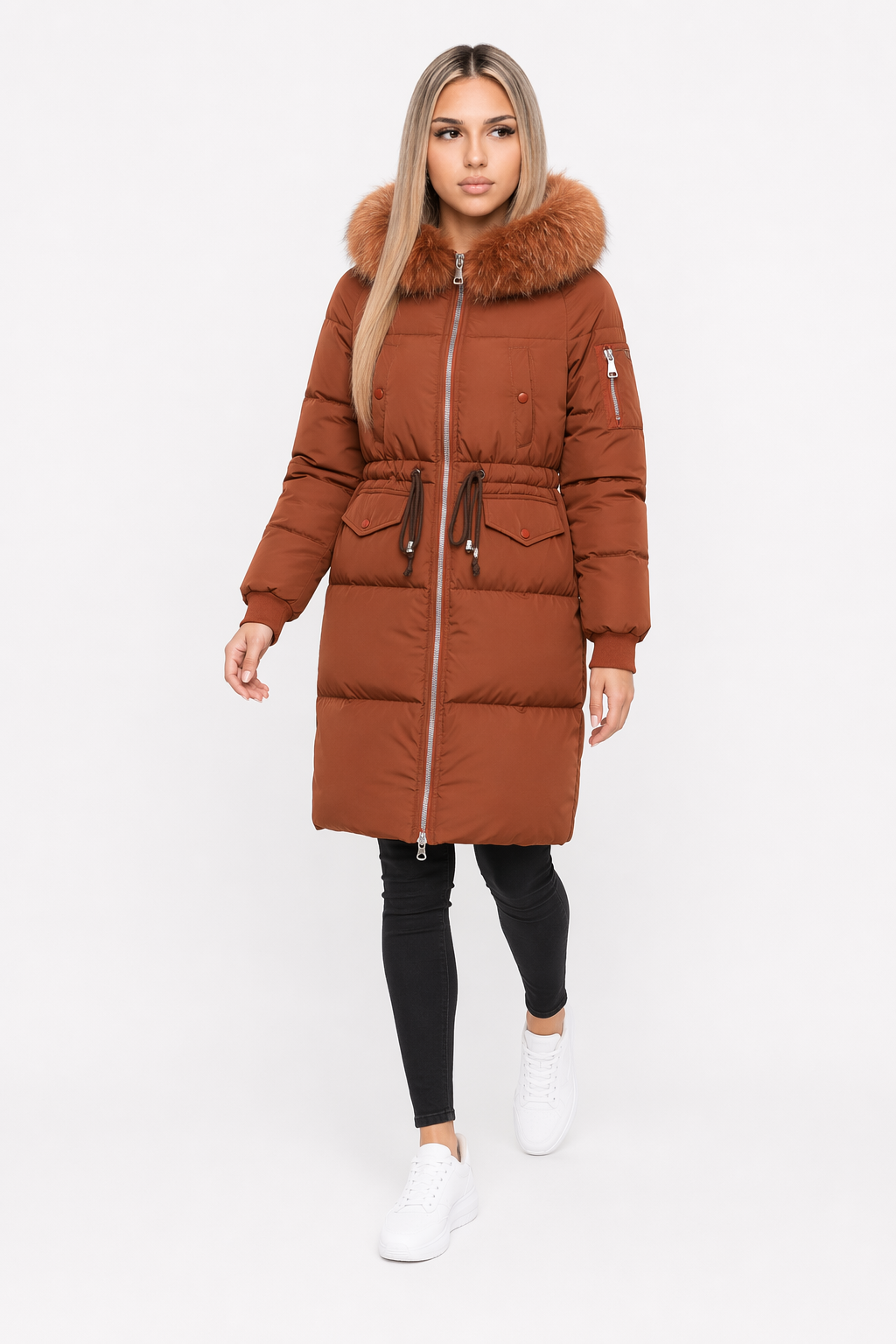 Cinch Waist Puffer Coat with Cozy Hood for Women Brown