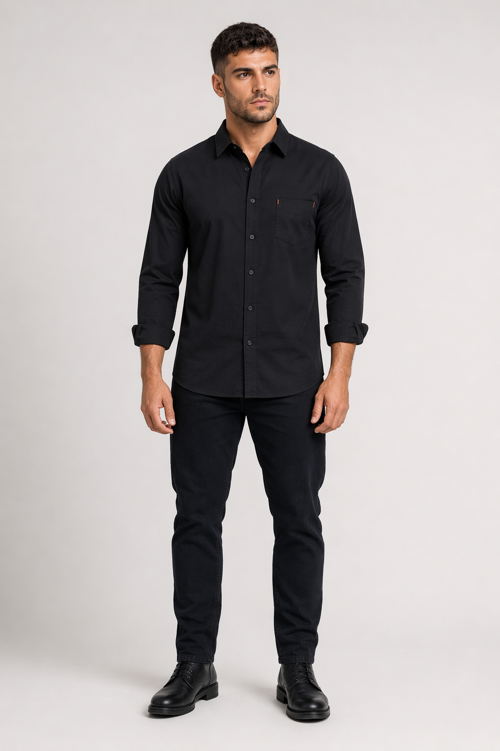 Casual Men's Shirt with Red Stitching Black