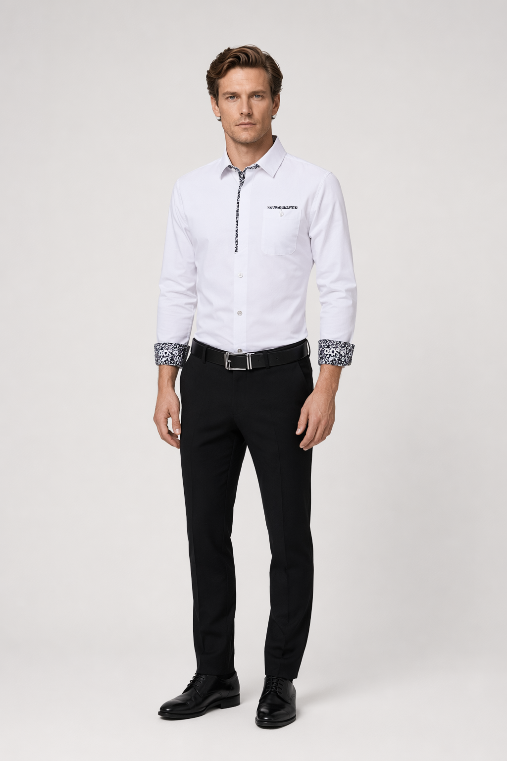 Long Sleeve Floral Button-Up Shirt for Men White