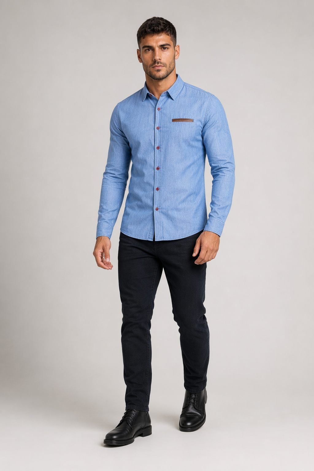 Slim-Fitting Men's Denim Shirt Light Blue