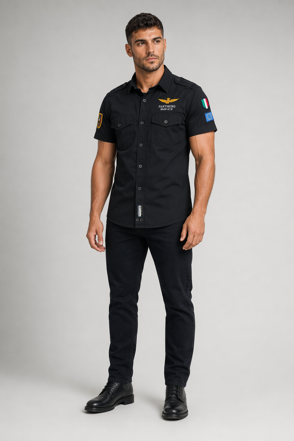 Short Sleeve Military-Style Shirt for Men Black