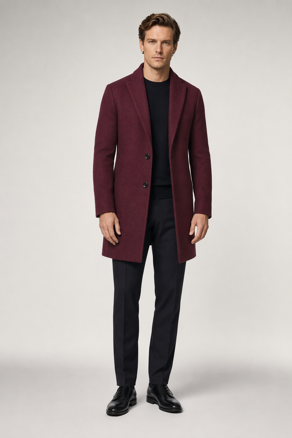 Mid-Length Classic Coat for Men with Dual Buttons Wine