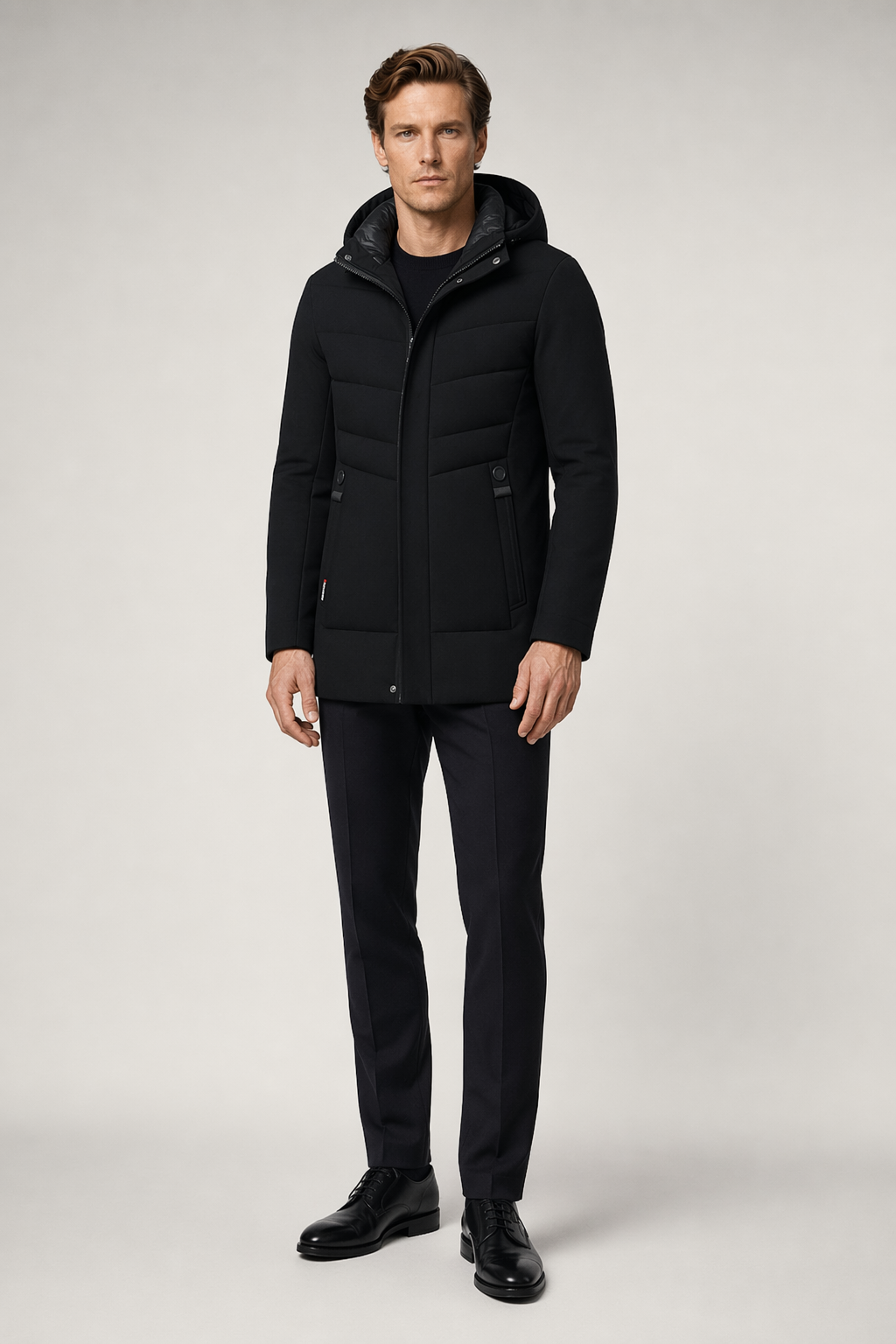 Mid-Length Men's Zip-Up Jacket with Detachable Hood Black