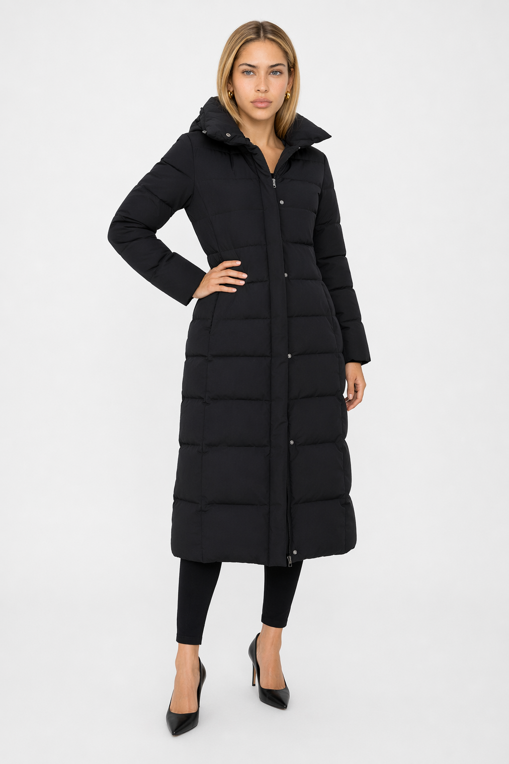 Long Coat for Women with Detachable Faux Fur Hood Black
