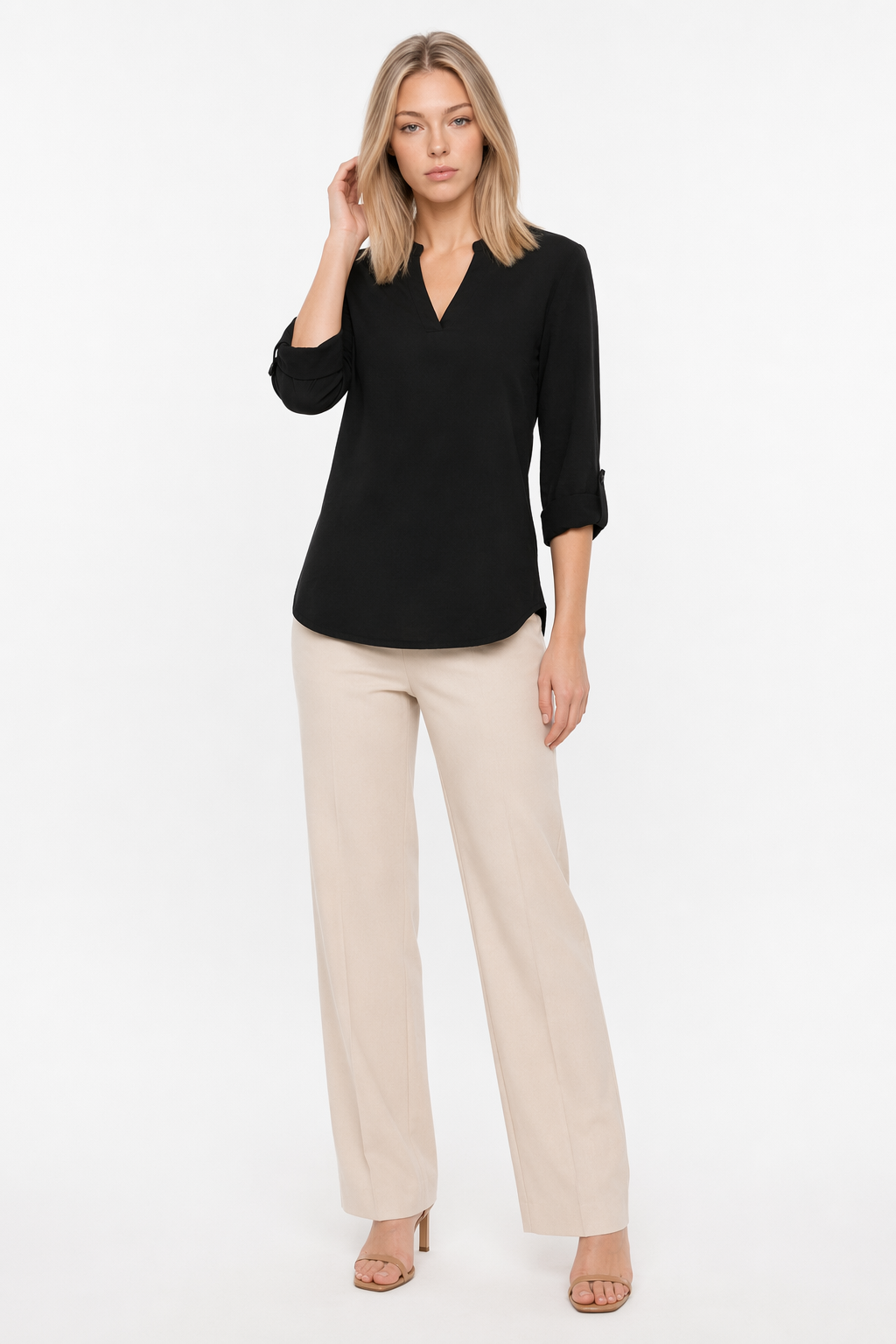 Quarter Sleeve Women's Top with a V Neckline Black