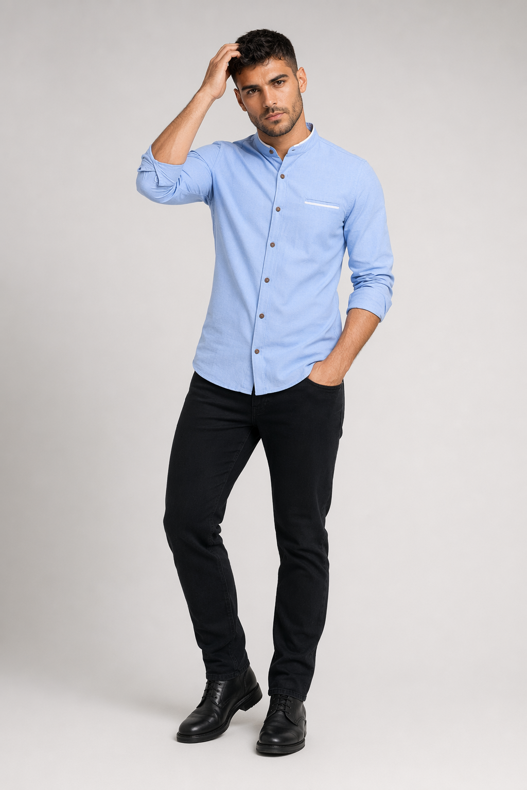 Long Sleeve Button Front Shirt for Men with Mandarin Collar Light Blue
