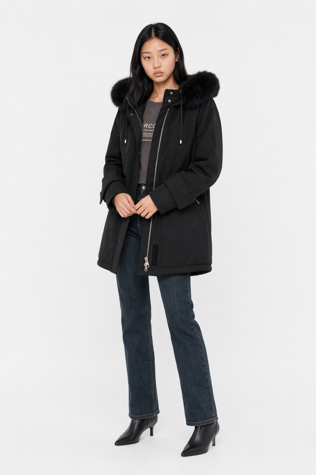Mid-Length Women's Coat with Zipper and Faux Fur Hood Black