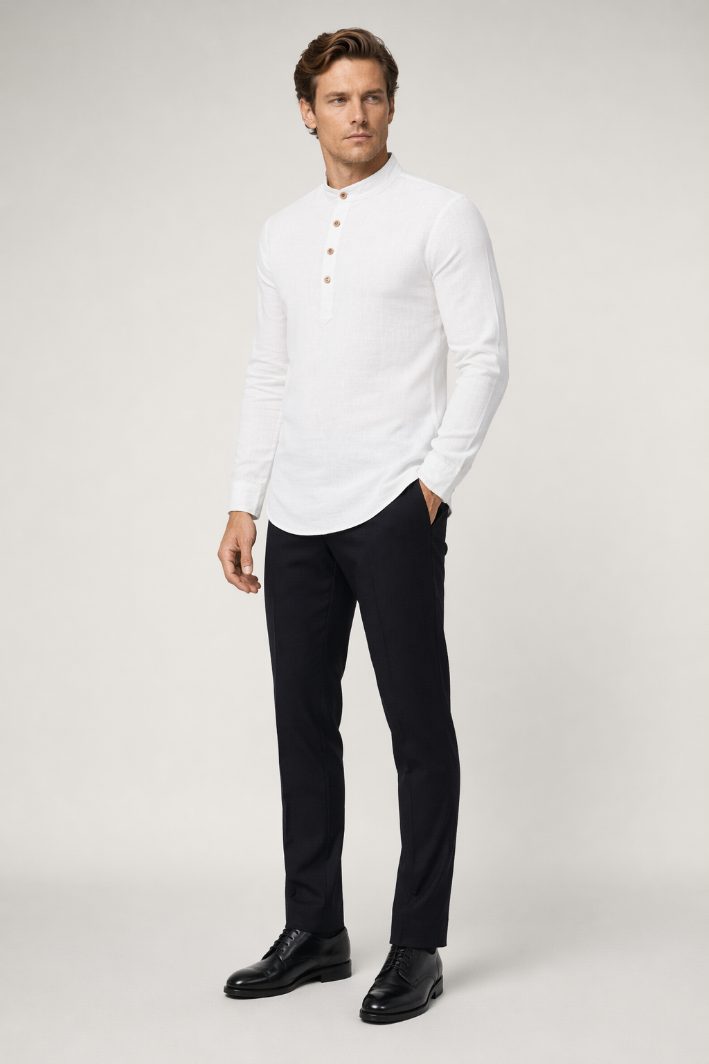 Linen Half-Button Round Neck Men's Shirt White