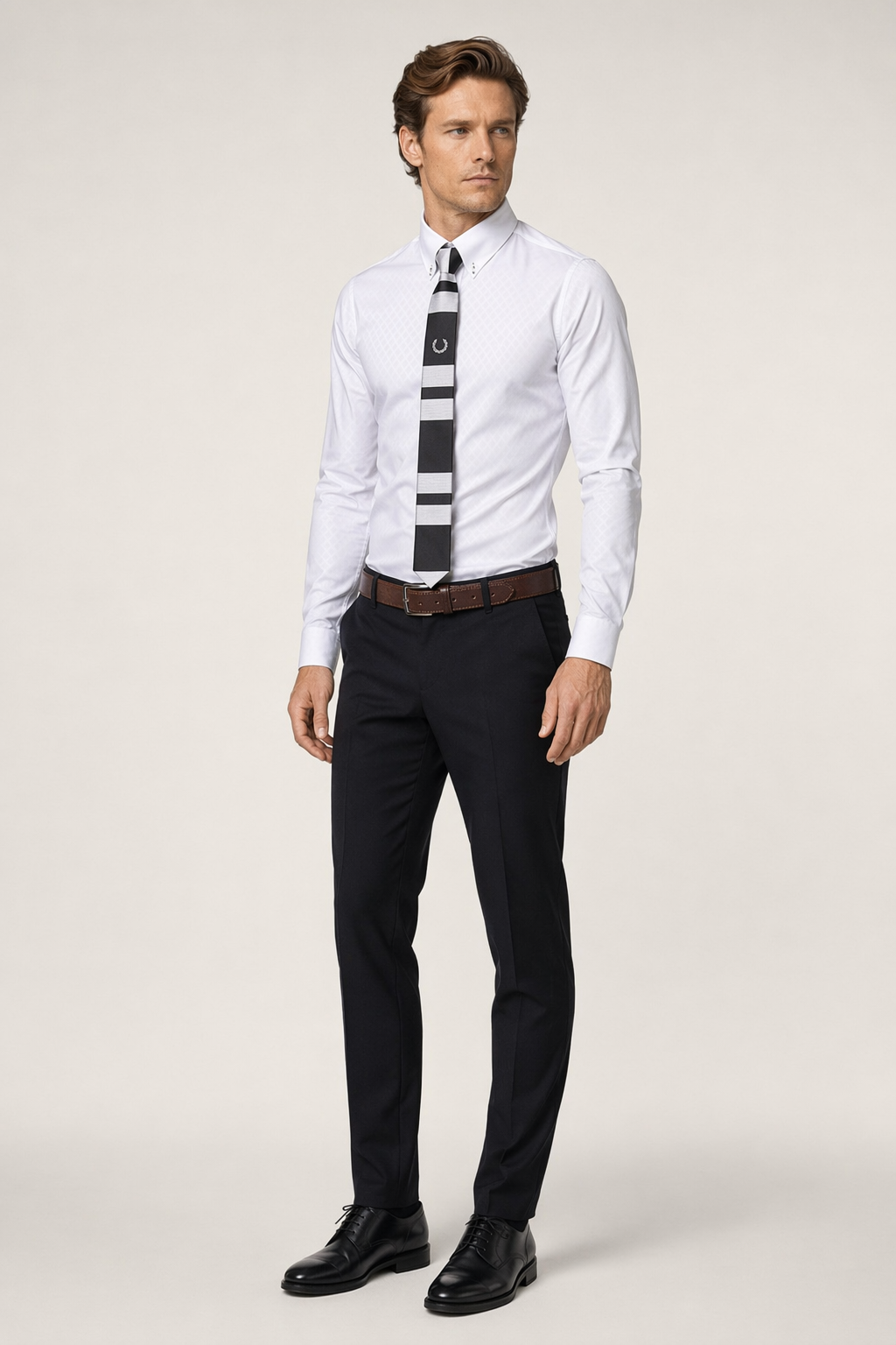 Patterned Button Front Slim Fit Men's Shirt White