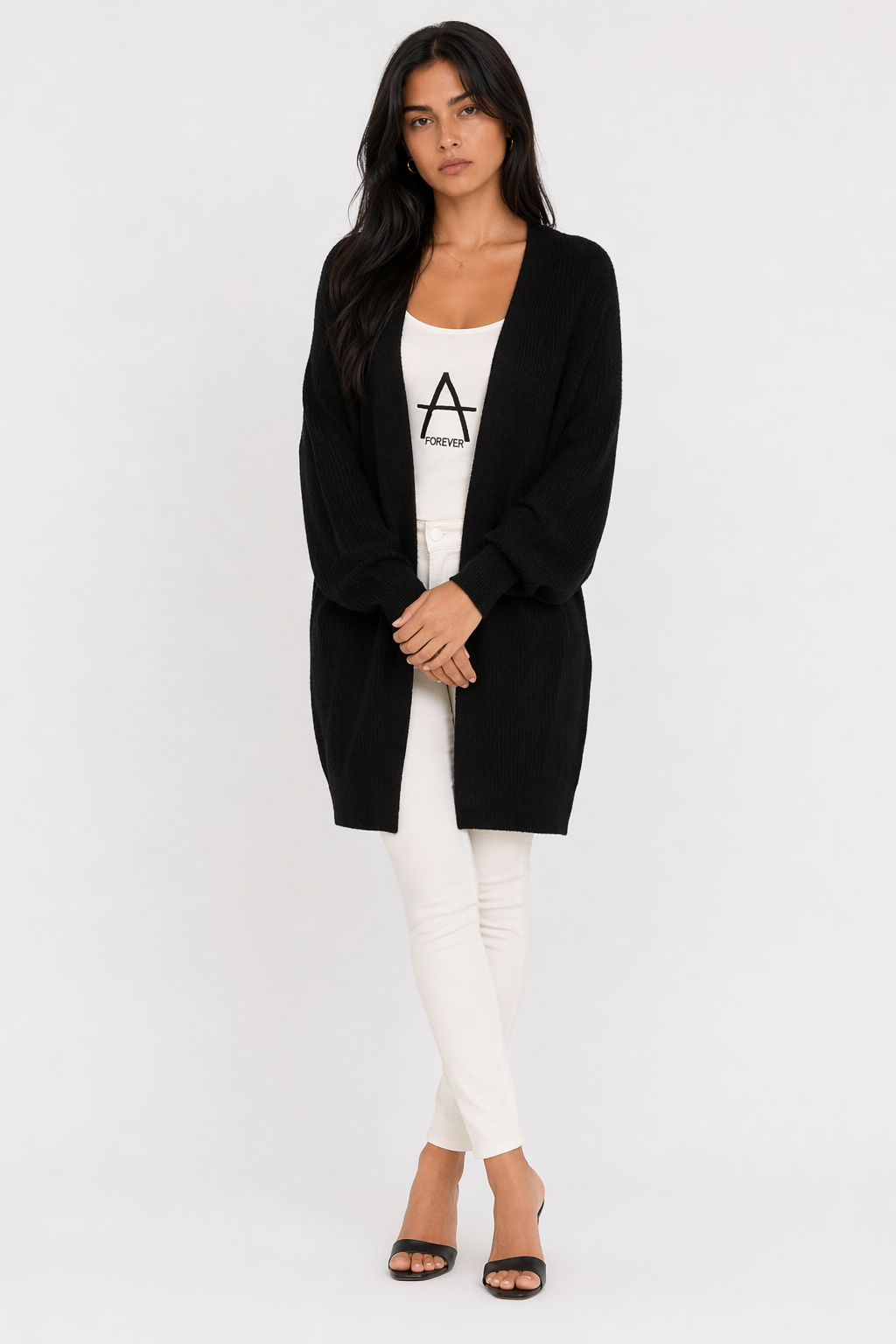 Women's Open Front Cardigan with Mid-Length and Pockets Black