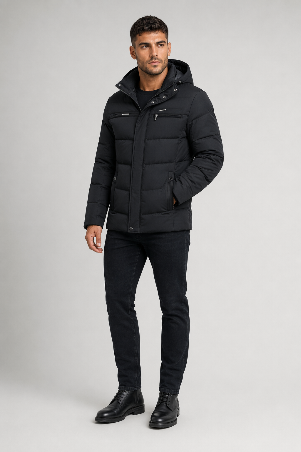 Winter Zip-Up Jacket for Men with Removable Hood Black