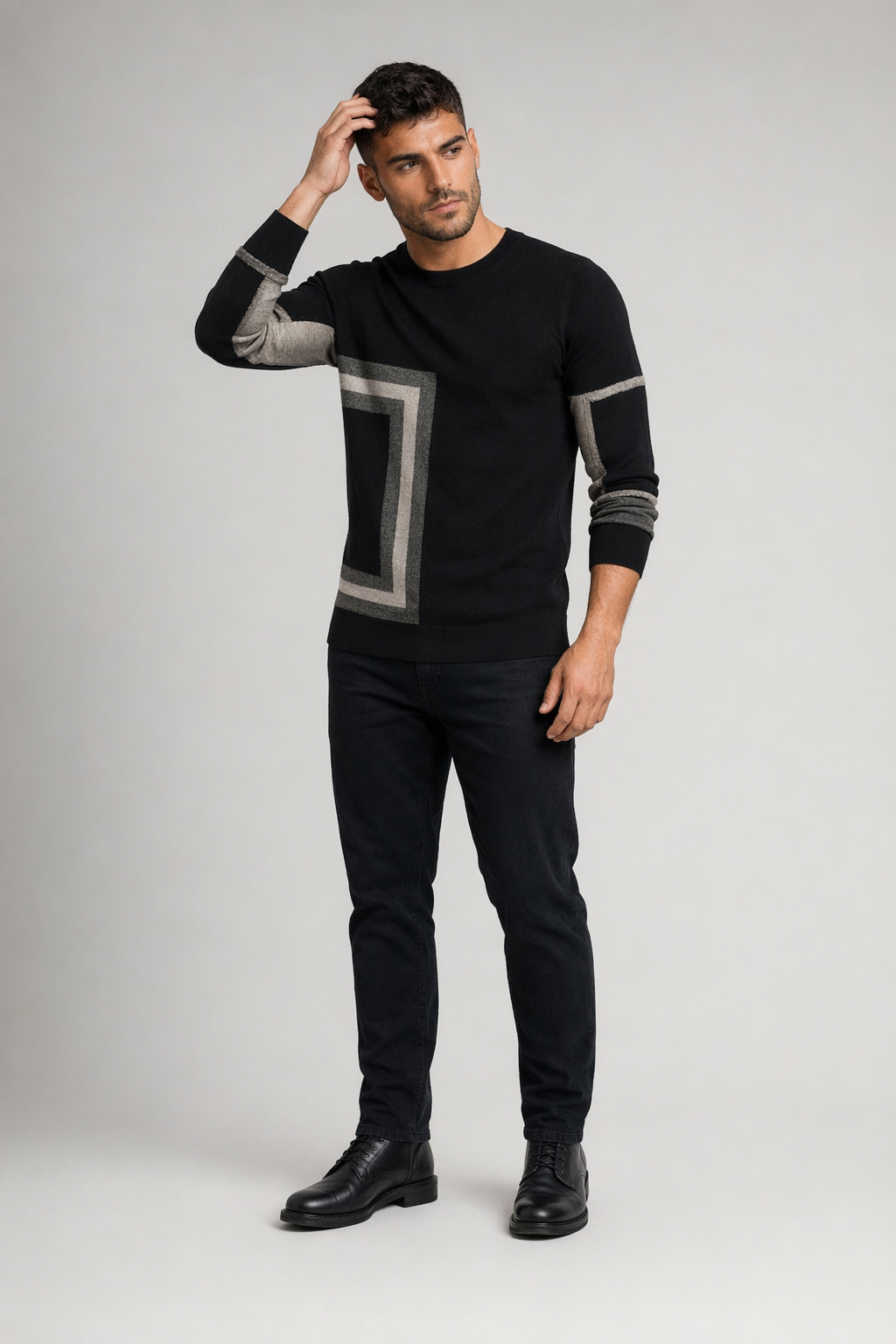 Printed Round Neck Men's Knit Sweater Gray