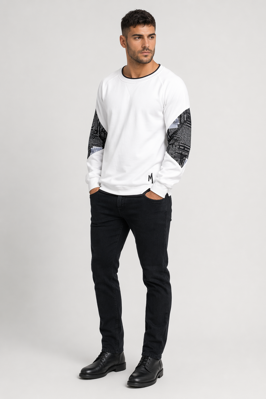 Layered Look Men's Sweatshirt with Elbow Prints White