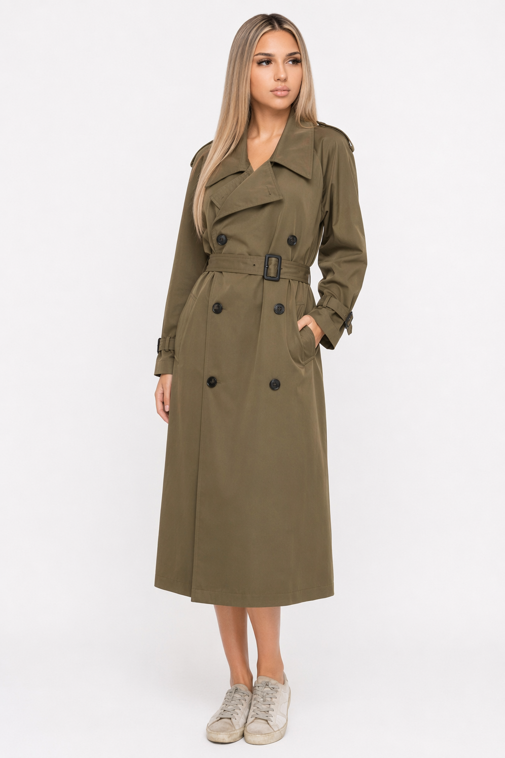 Double-Breasted Long Trench Coat for Women Army Green
