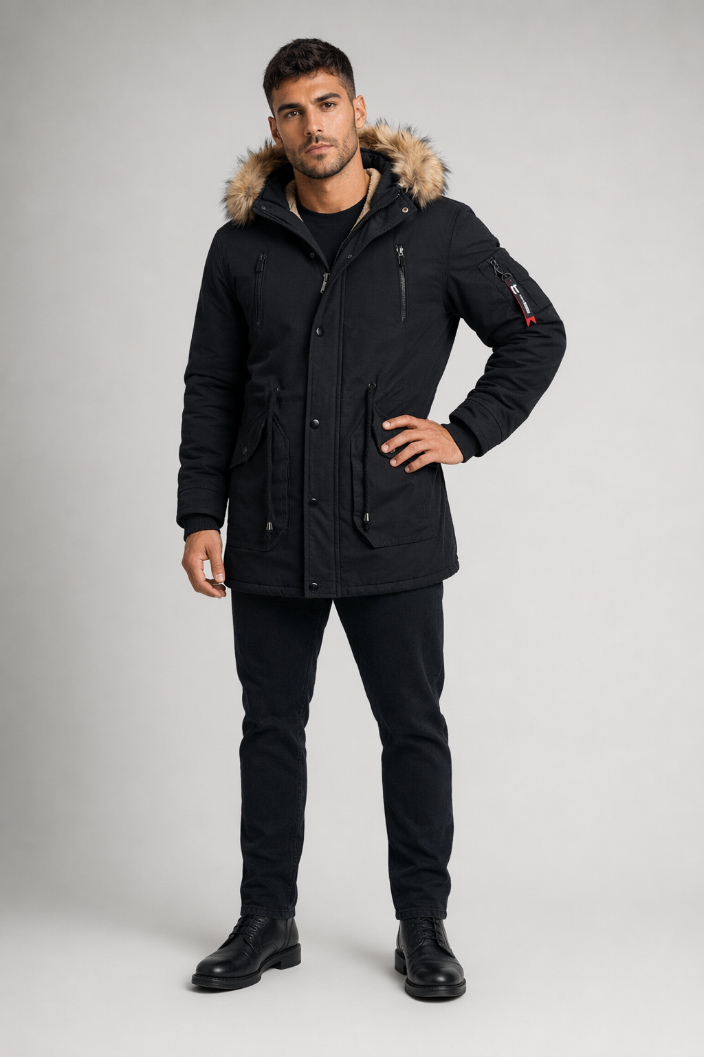 Men's Fur-Lined Parka Coat Black