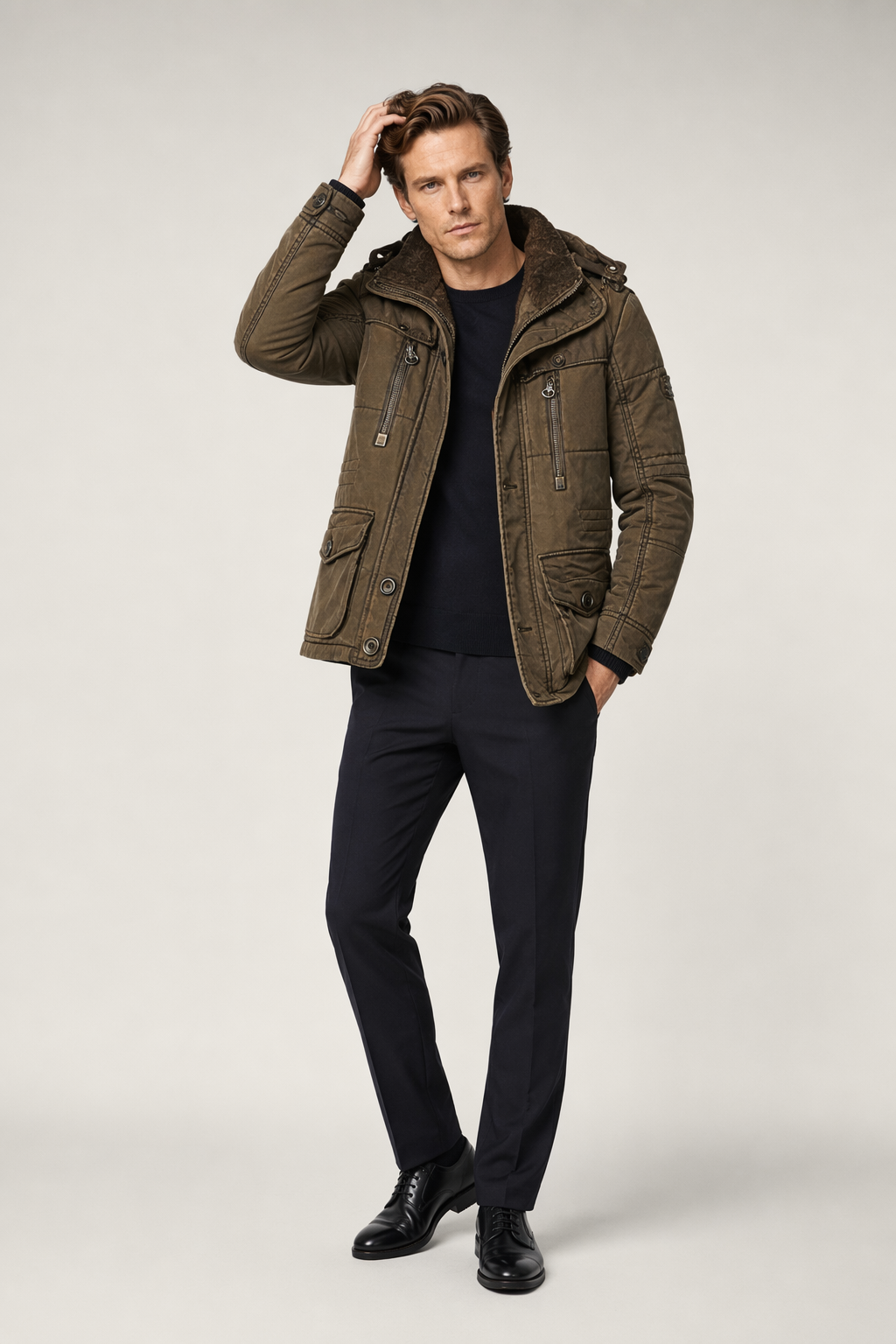 Hooded Winter Parka Coat for Men with Inner Fleece Brown