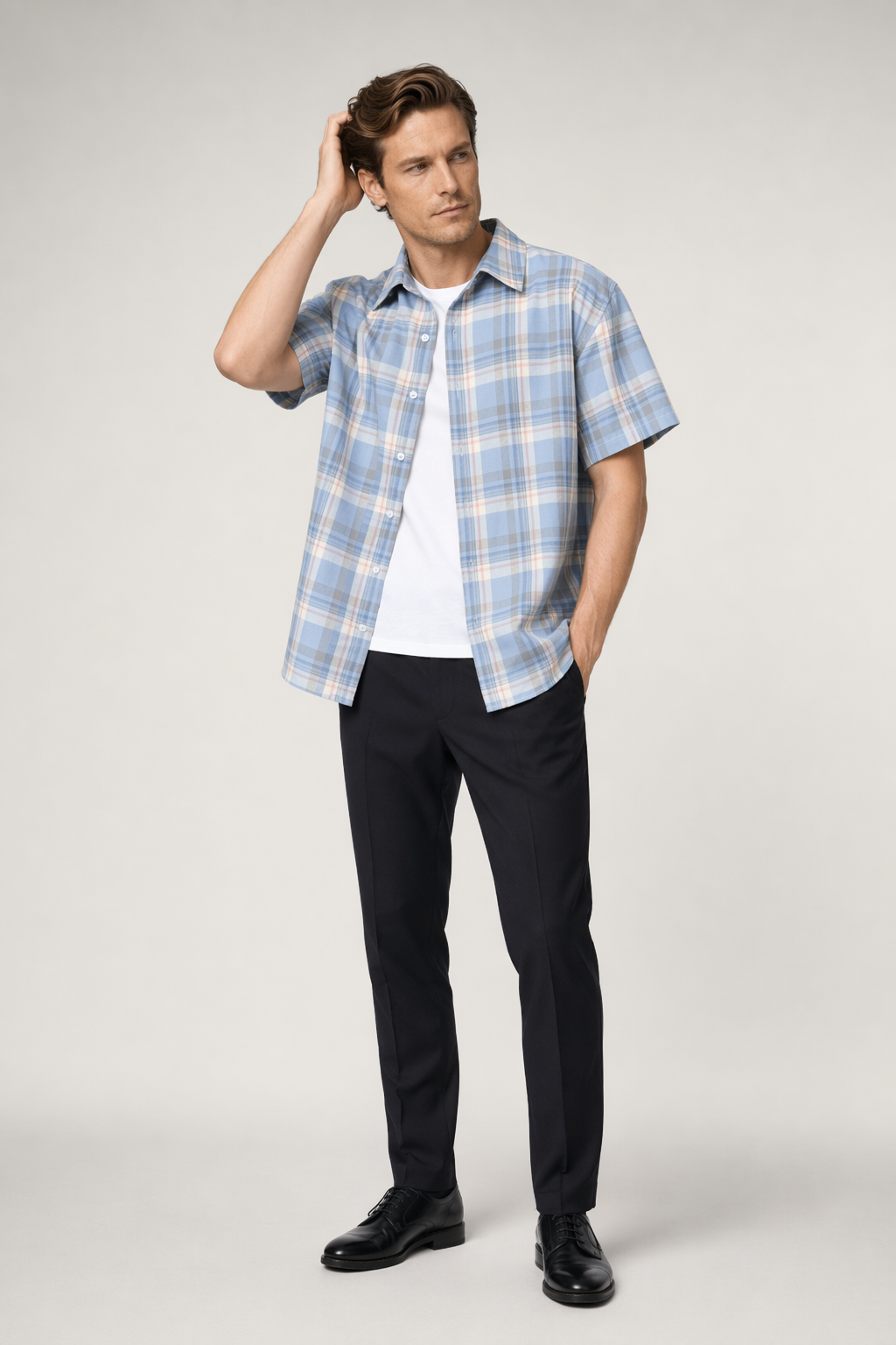 Summer Plaid Shirt for Men with Short Sleeves Light Blue