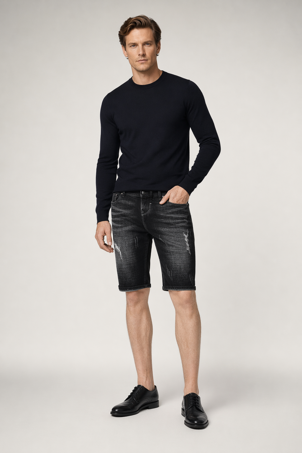 Denim Knee-Length Shorts for Men's Casual Wear Black