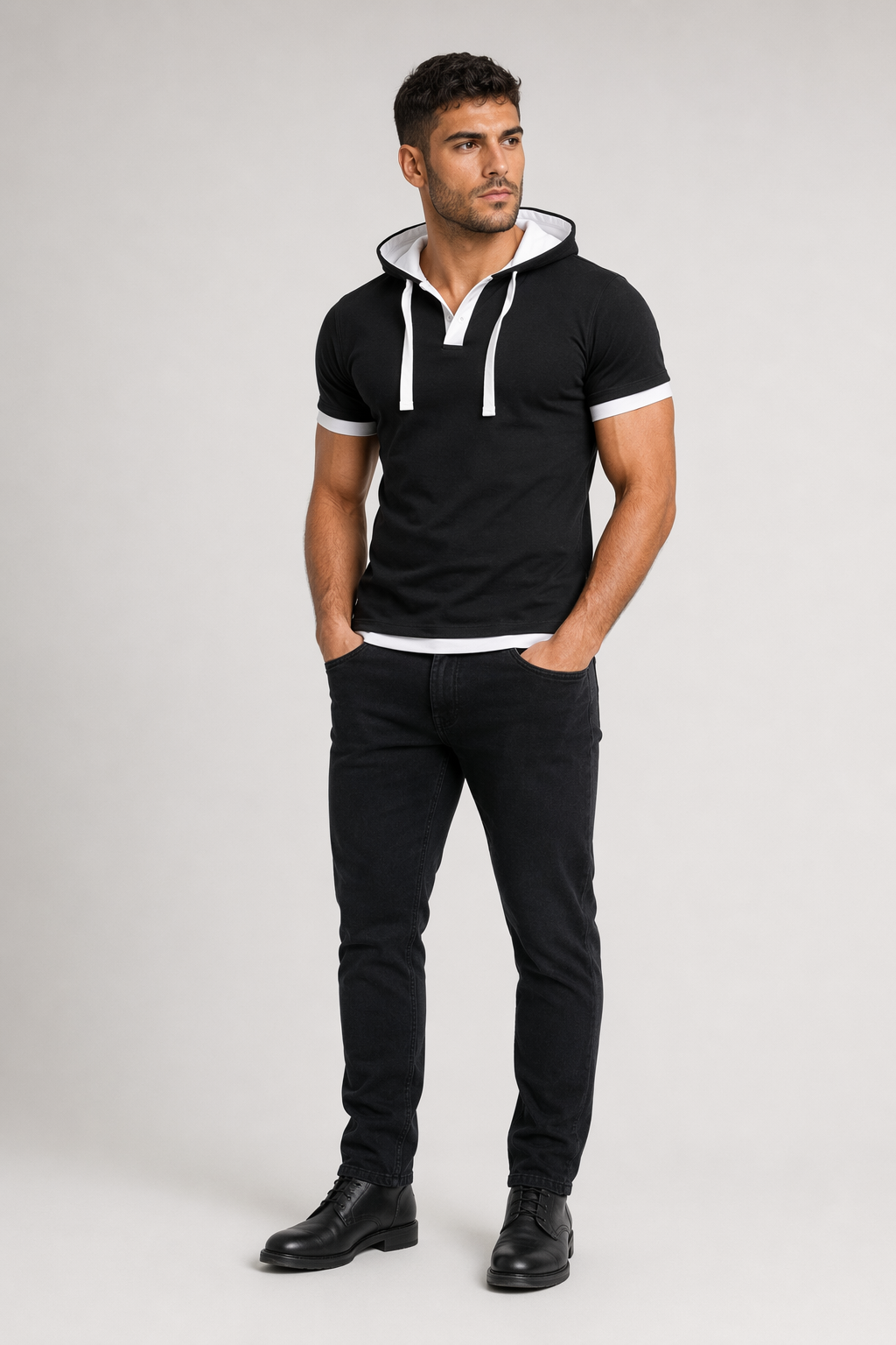 Short Sleeve Hooded Tee for Men Black