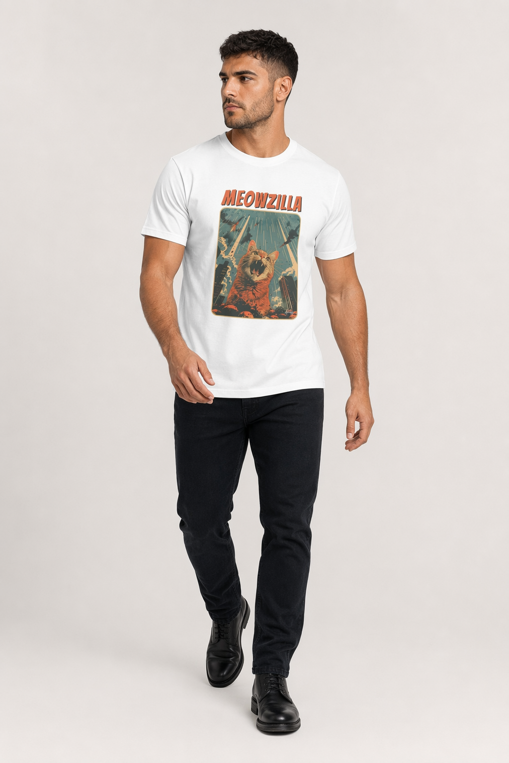 Meowzilla Retro Graphic Tee White