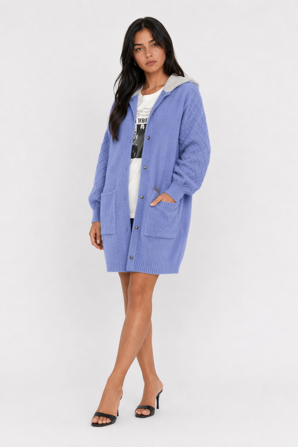 Mid-Length Women's Hooded Cardigan Blue