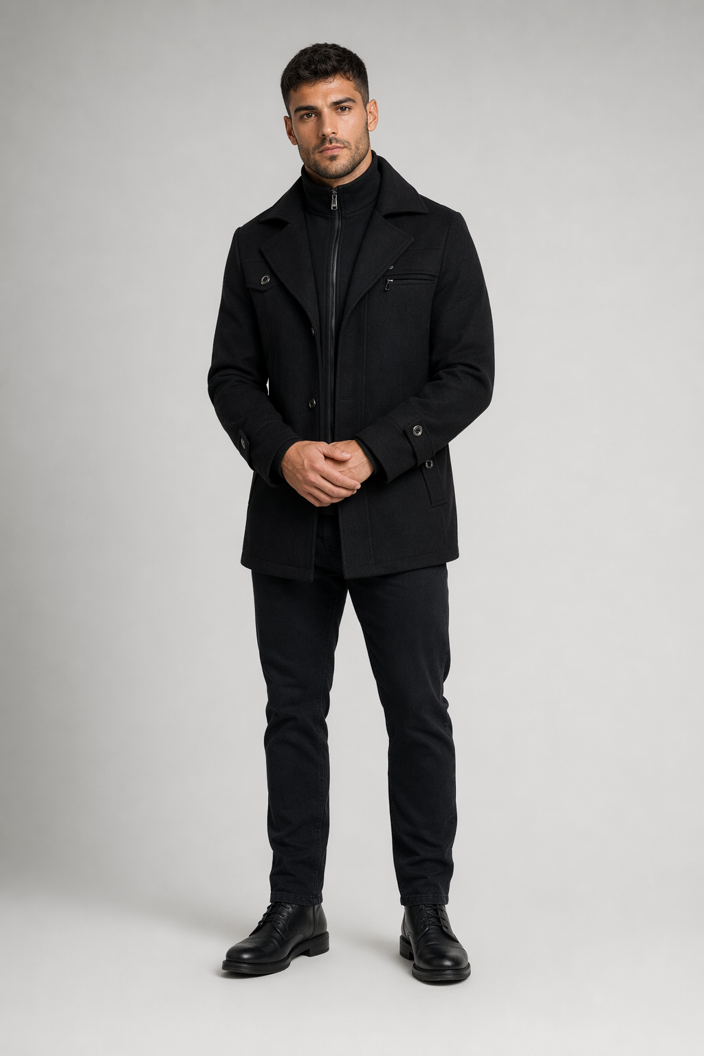 Military Style Men's Coat with Layered Collar and Button Front Black