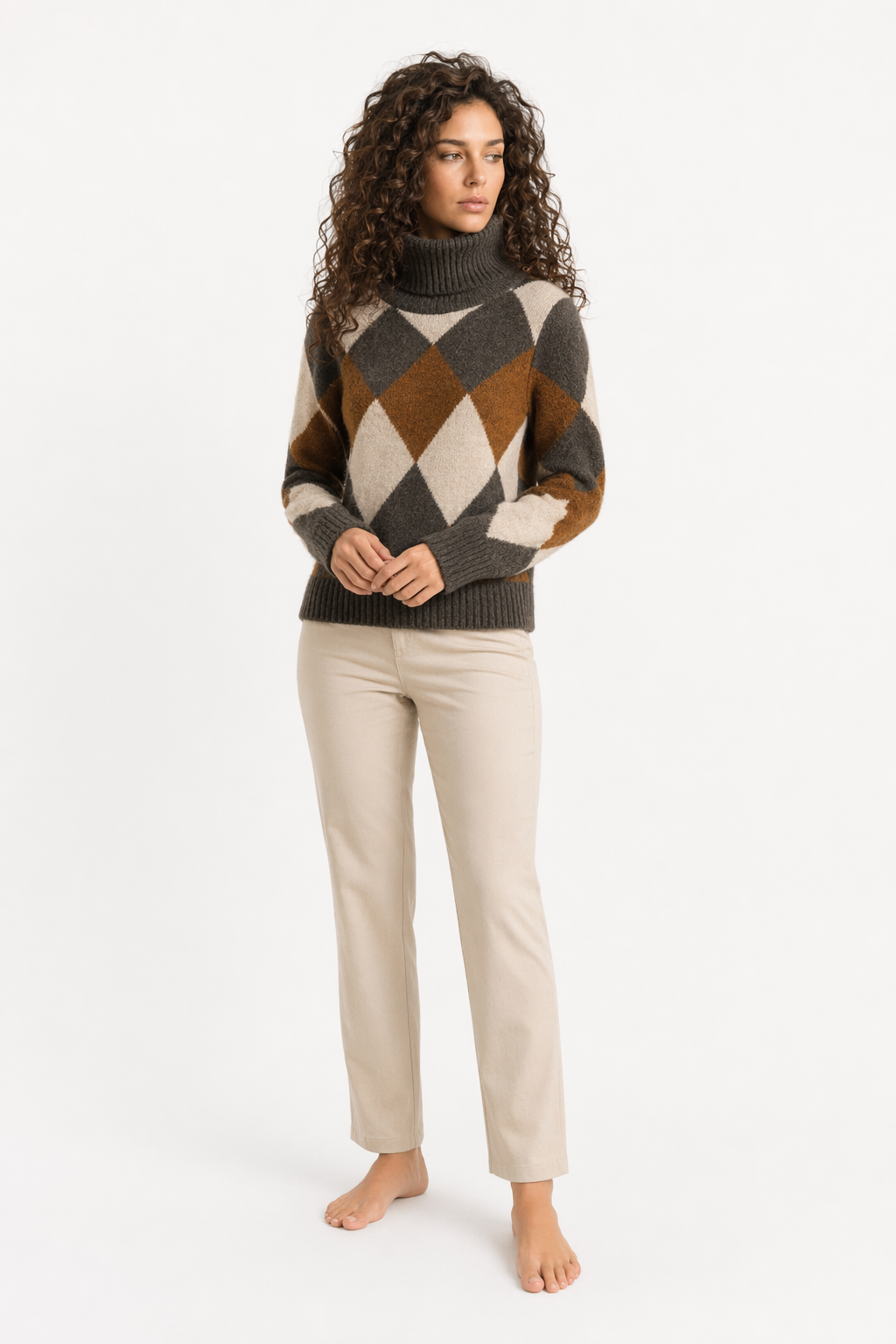 Turtleneck Sweater for Women with Argyle Design Brown