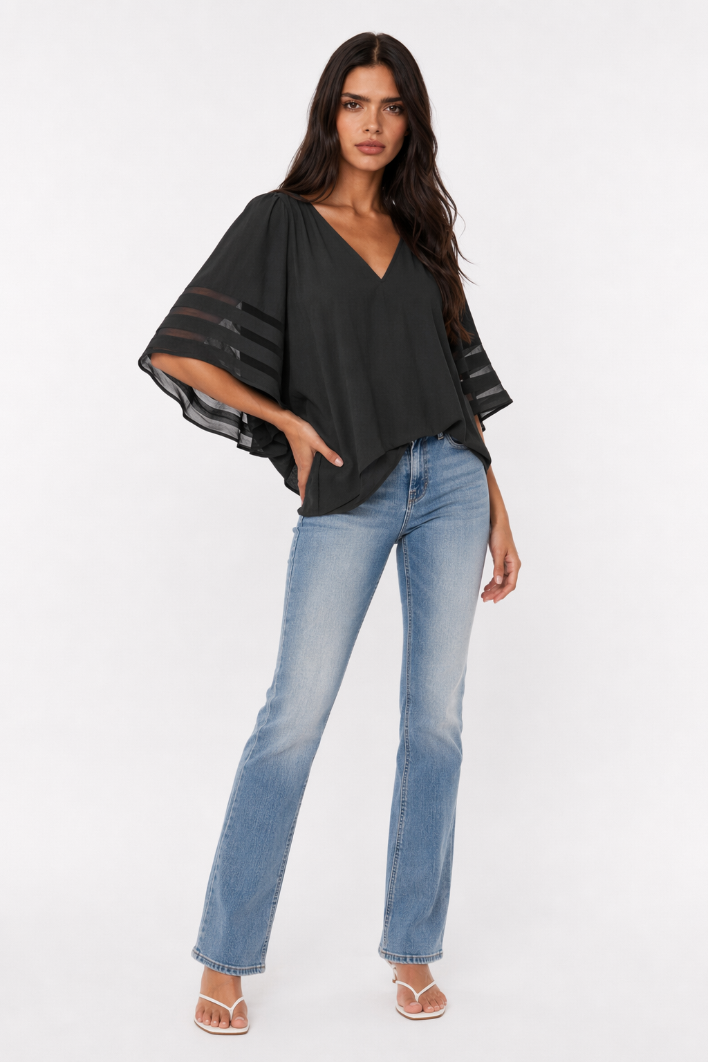 Chiffon Top with Batwing Sleeves and V-Neck for Women Black