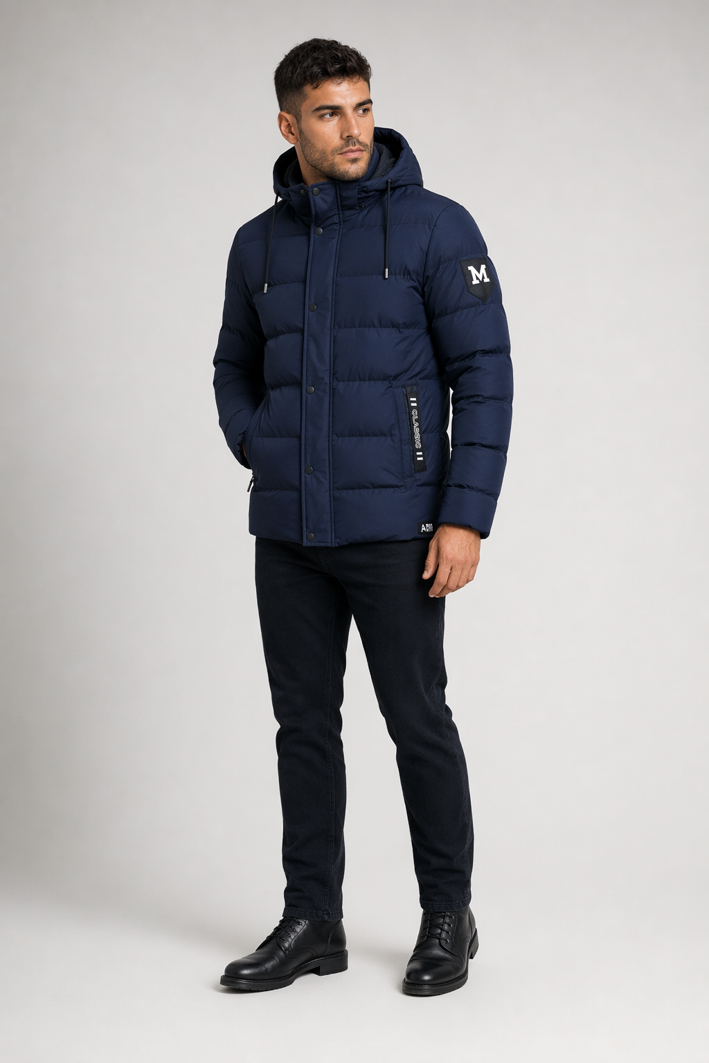 High Collar Men's Puffer Jacket with Detachable Hood Blue