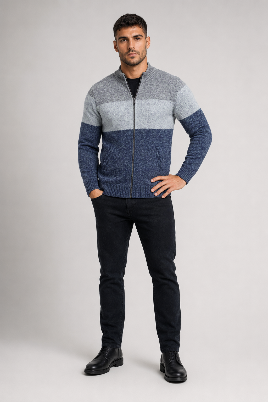 Men's Zip-Up Colorblocked Cardigan Light Gray