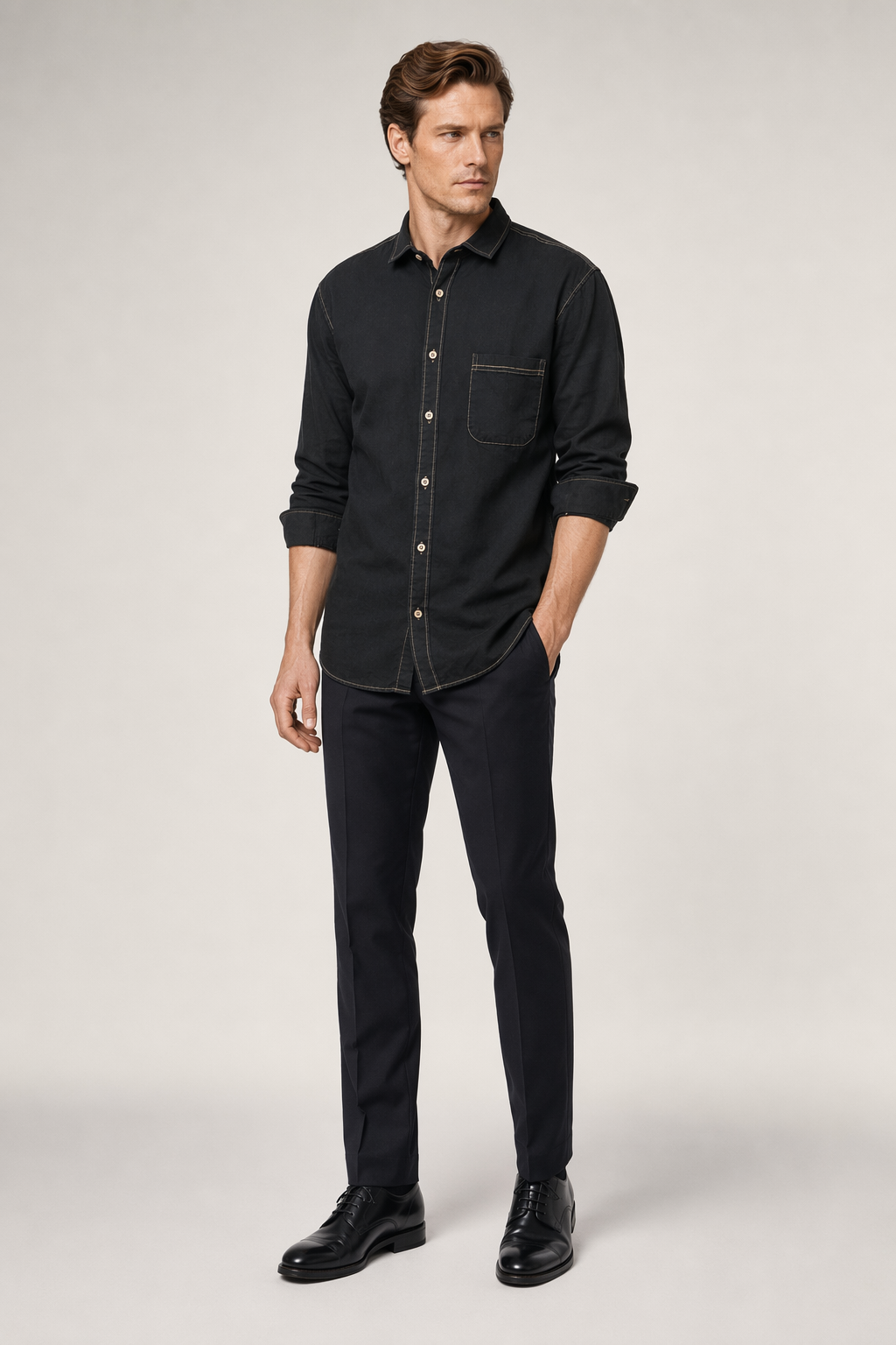 Casual Denim Button-Front Shirt for Men Black