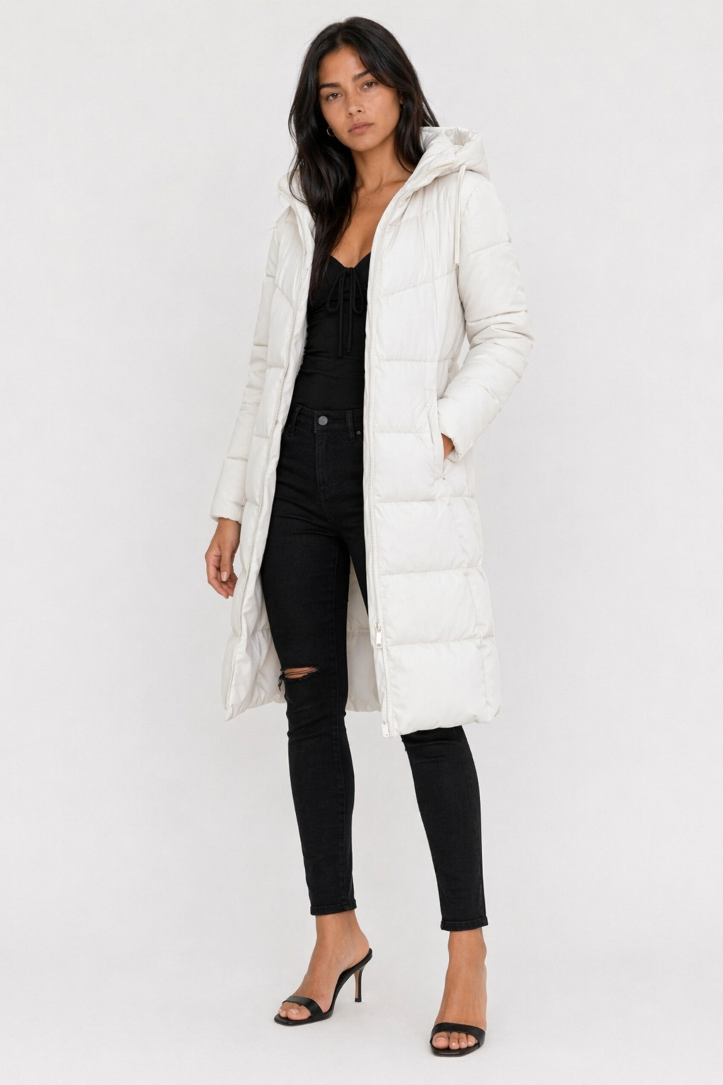 Long Hooded Puffer Jacket for Women White