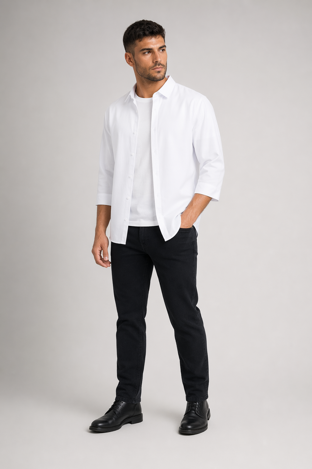 Button-Up Shirt for Men with Three-Quarter Sleeves White