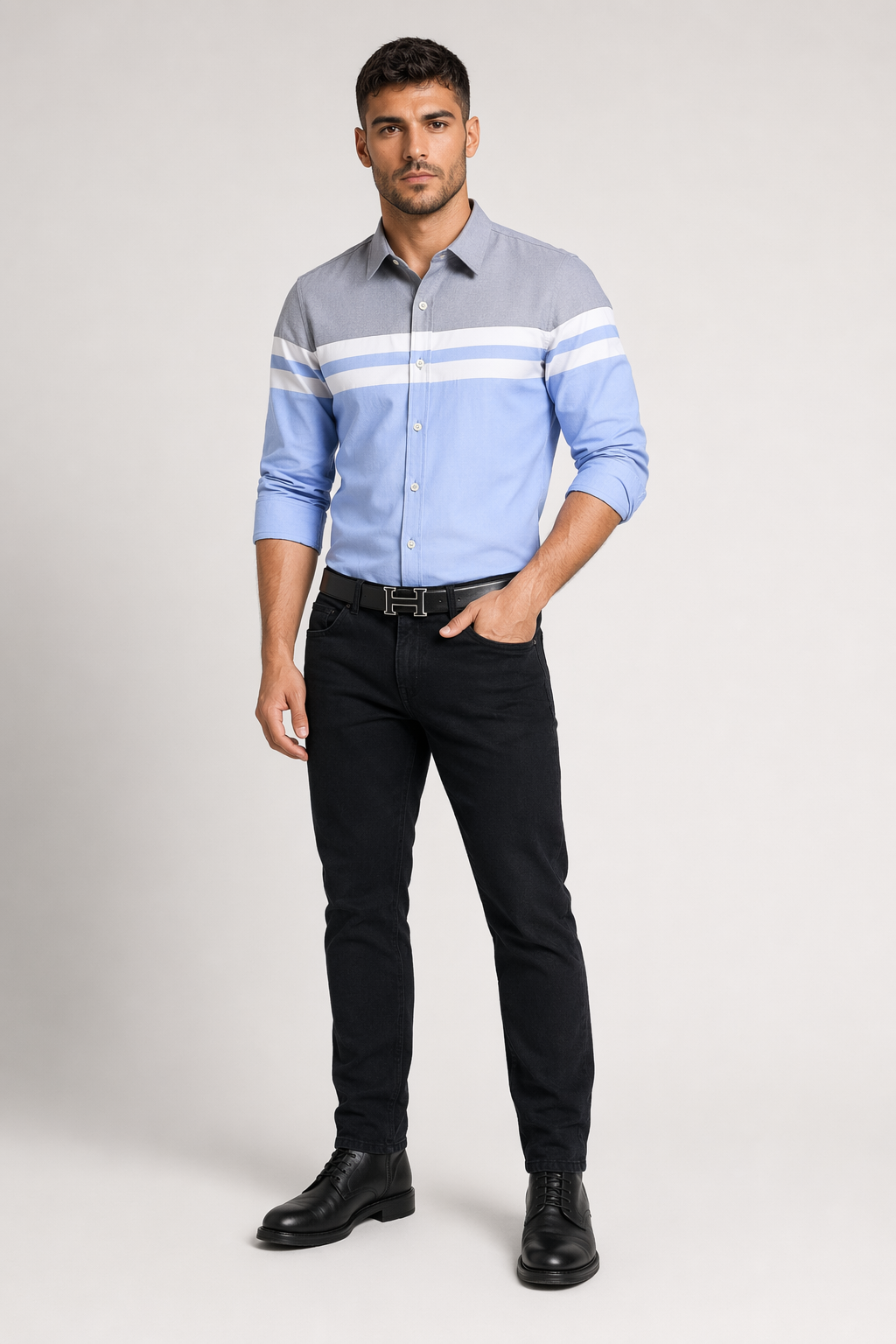 Color-Blocked Men's Button-Up Shirt: A Revised Title Blue