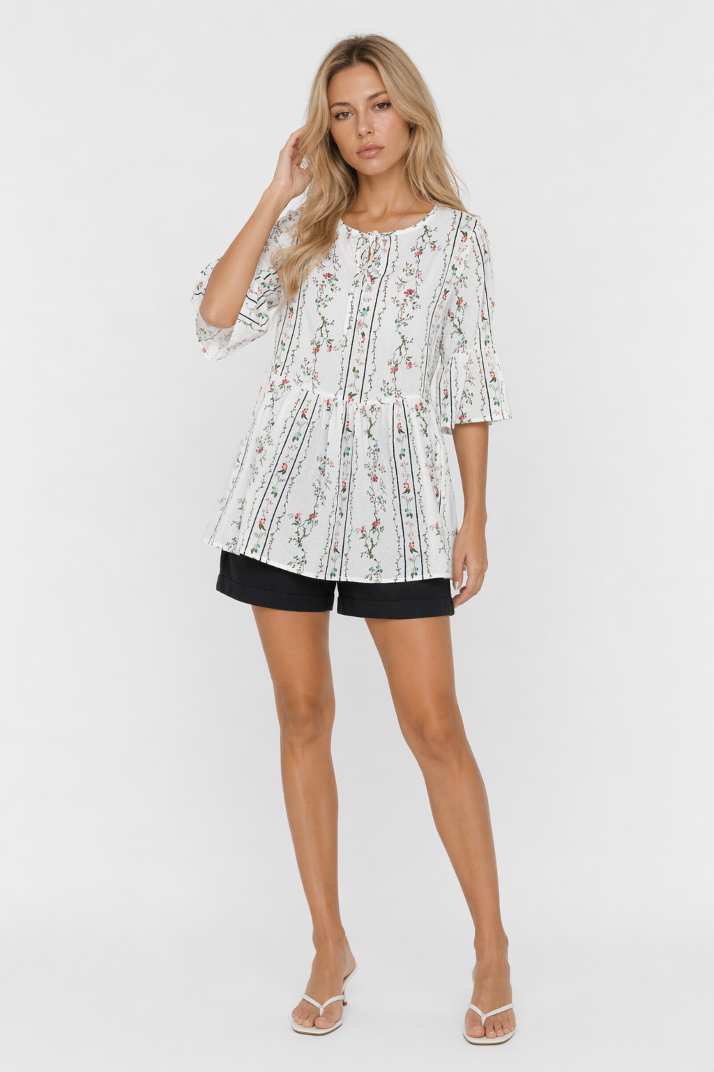 Floral Blouse with Cascading Ruffles for Women White