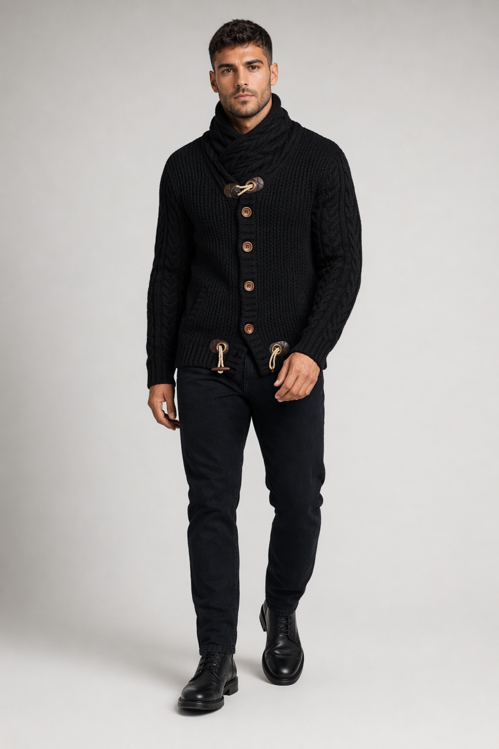 Horn Button Men's Cardigan with Shawl Collar Black