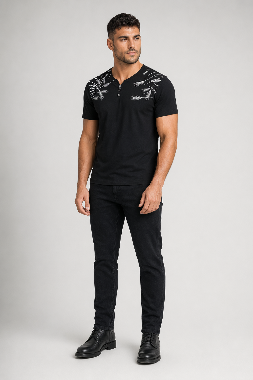 Feather Print Men's Short Sleeve Buttoned T-Shirt Black