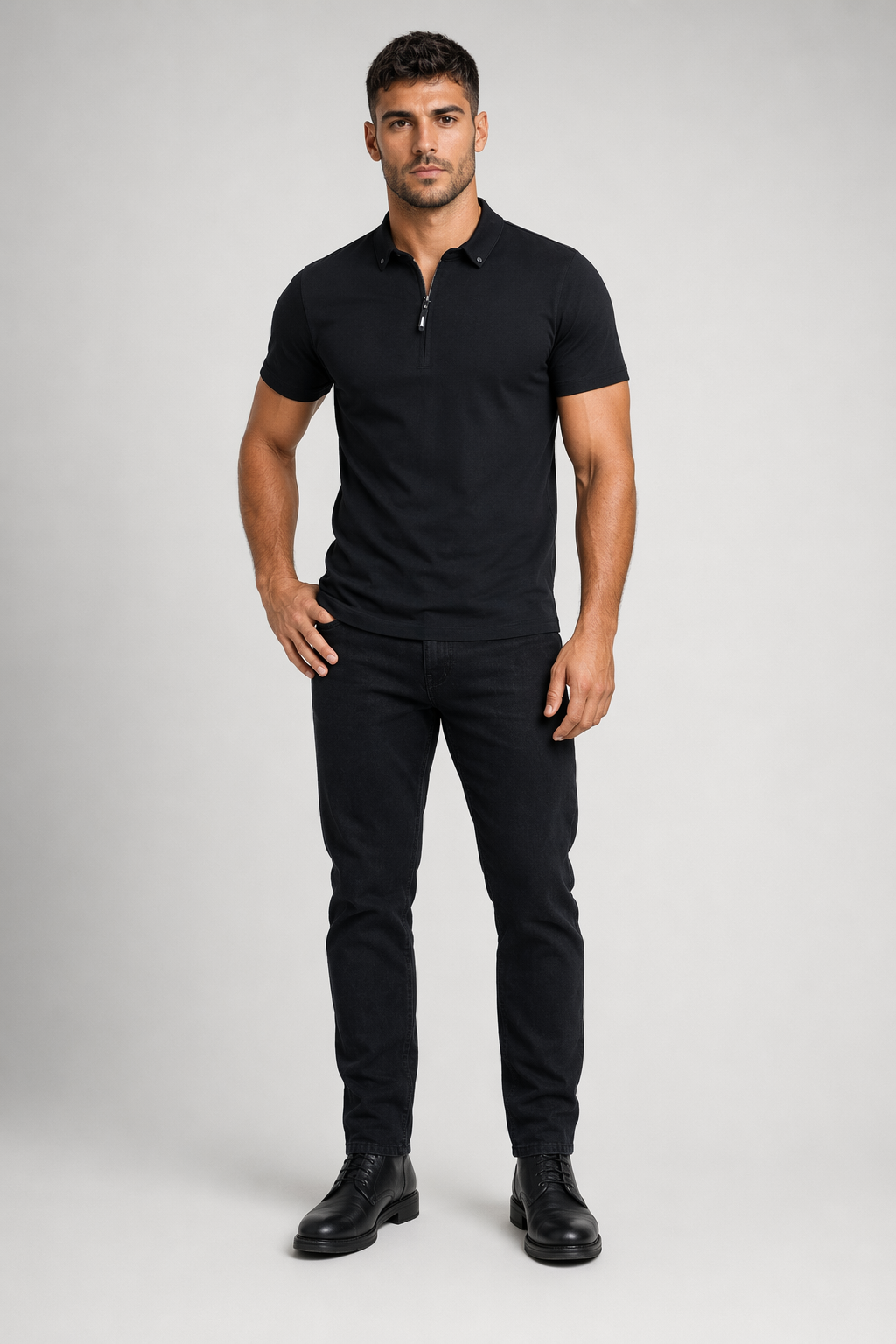 Half-Zip Polo Shirt for Men featuring Collar Embellishments Black