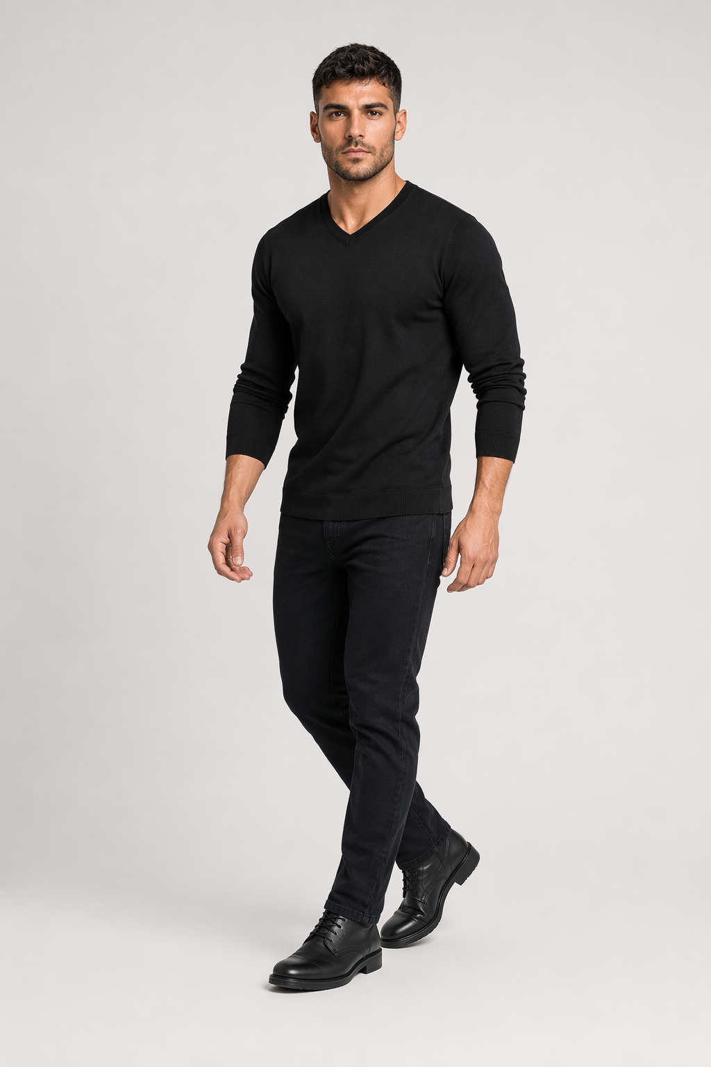 Knitted Top for Men with a V Neck Black