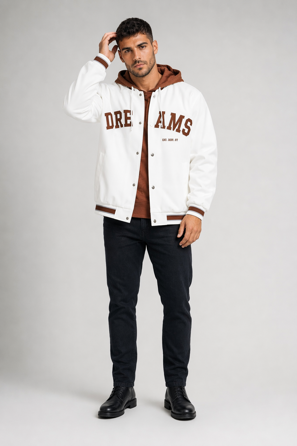 Layered Appearance Men's Baseball Jacket Featuring a Hood White