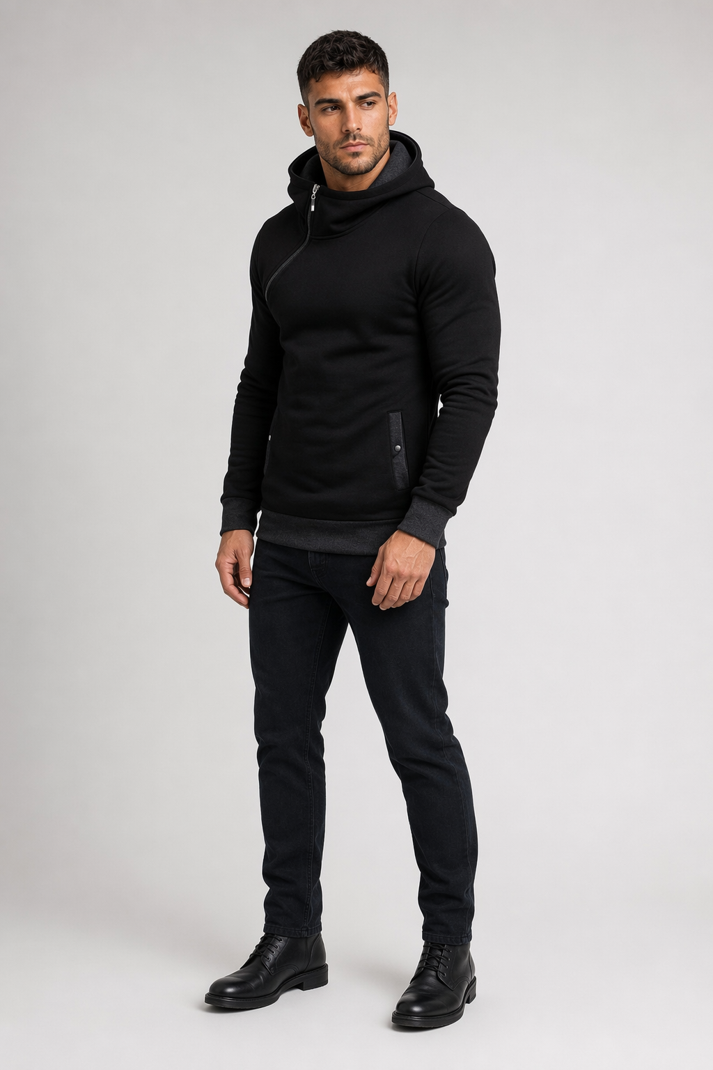 Zippered Hooded Sweatshirt for Men Black