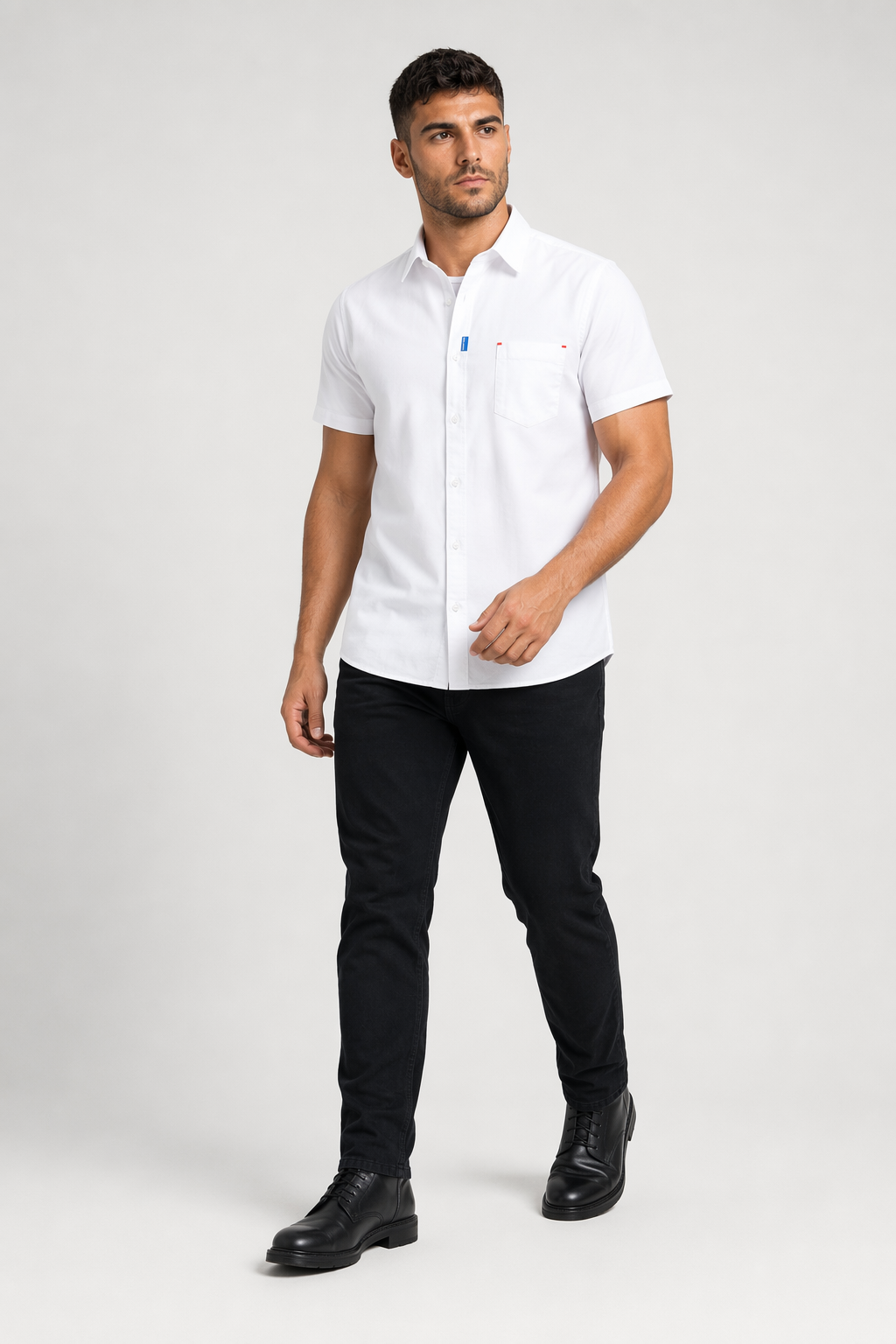 Short Sleeve Men's Button-Up Shirt Title Revision White