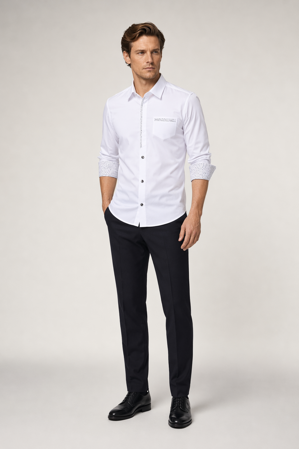 Men's Button-Up Shirt with Unique Pocket and Sleeve Accents White
